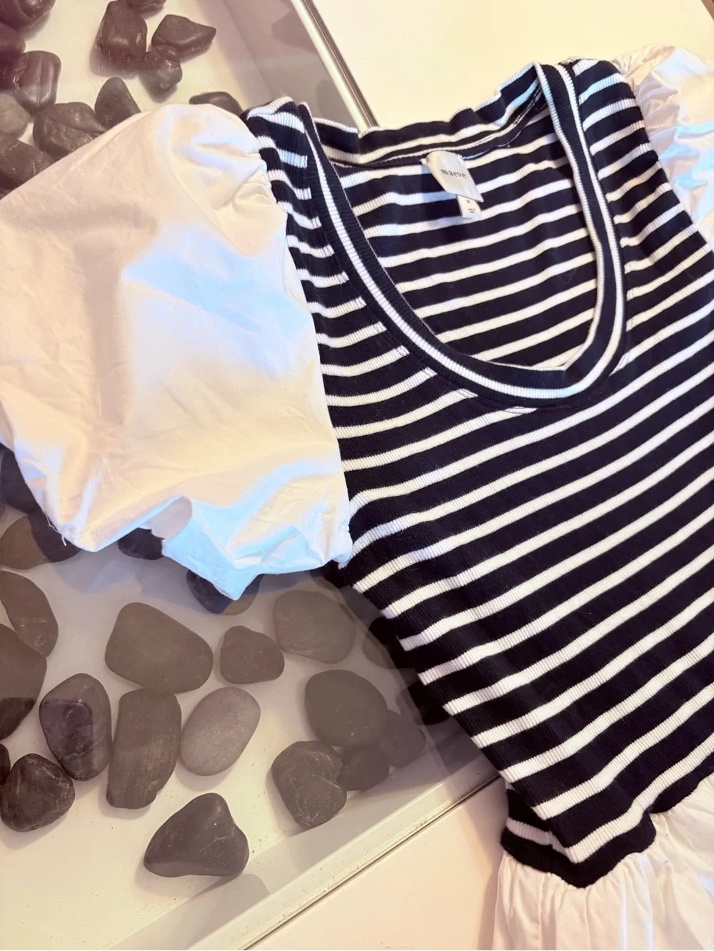 Maeve Striped Bodice Puff-Sleeve Midi Dress in White and Black - Picture 8 of 15